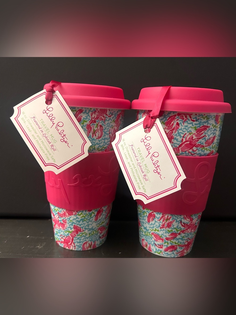 Lilly Pulitzer Pink Lobster Ceramic Reusable Travel Mugs Set of 2